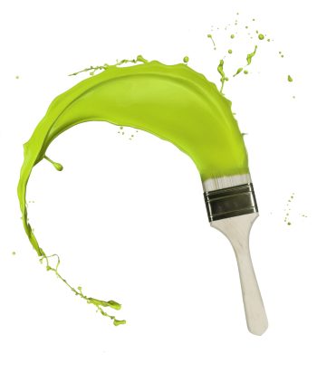 Green paint splashing out of brush. Isolated on white background